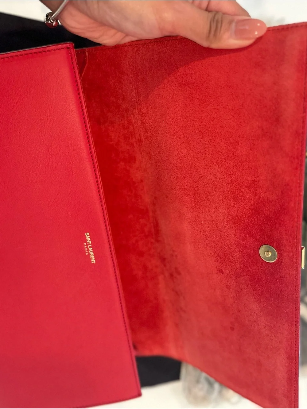 AUTHENTIC Saint Laurent Calfskin Red Leather Y-Closure Clutch with Gold Hardware